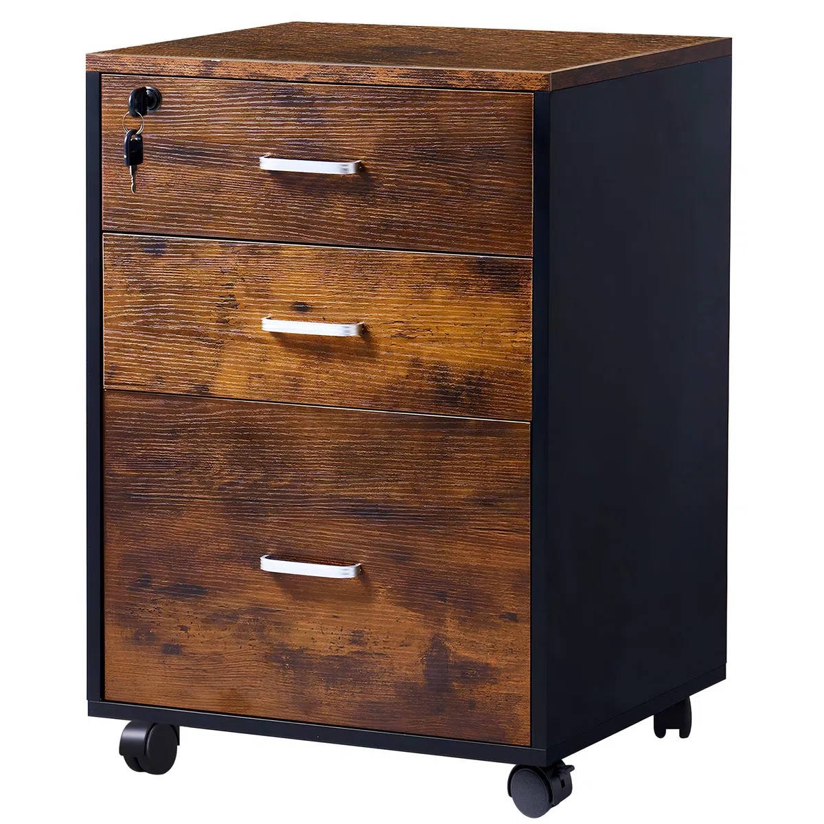 SogesPower Mueble Archivador de 3 cajones, Armario Móvil, con ruedas universales fijas, cerradura de cajón, 48 x 42 x 65 cm, Vintage Marrón