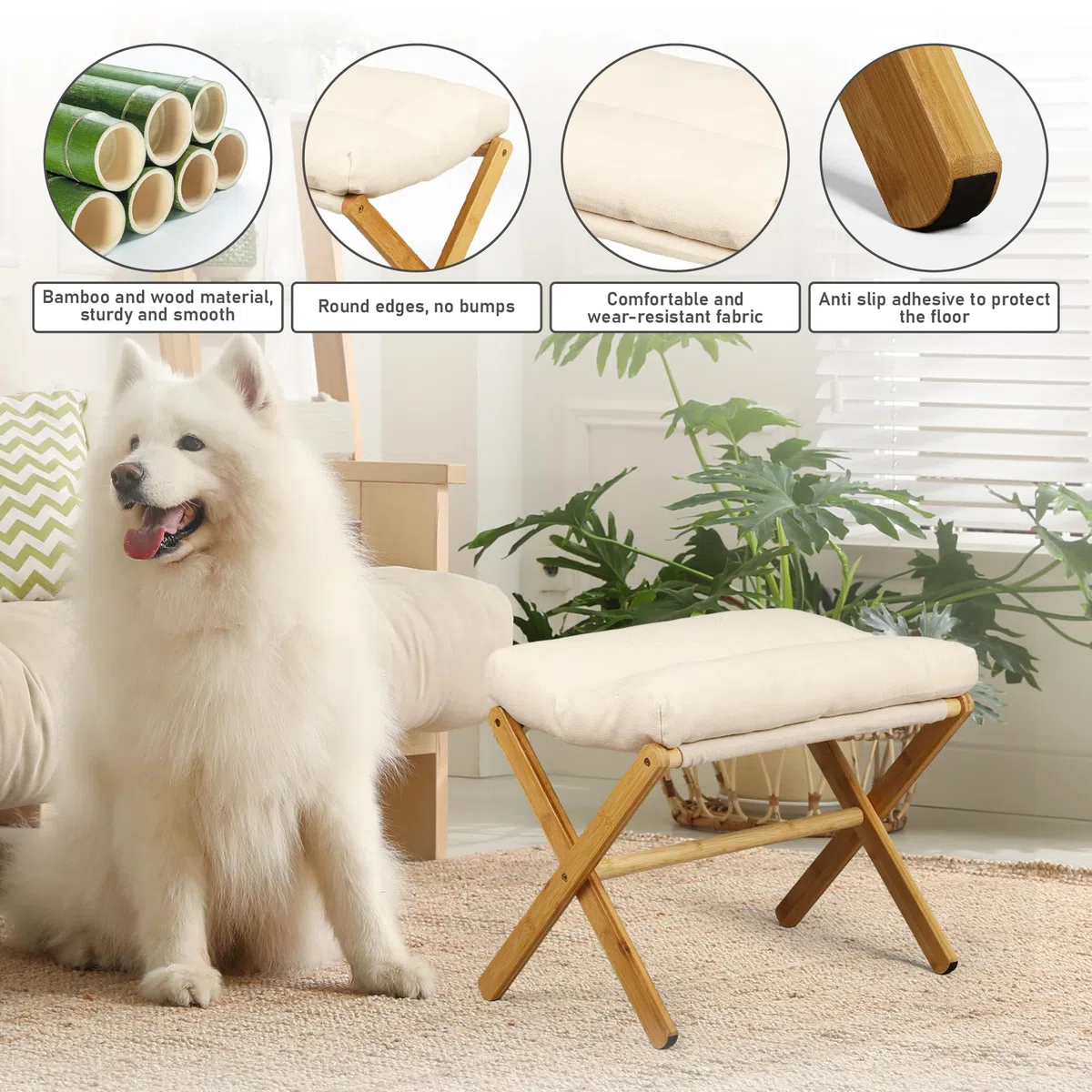 Nisorpa Reposapiés plegable para sofá, reposapiés de bambú, taburete de madera para cambiar zapatos, taburete plegable de madera con cojín de tela de terciopelo extraíble para sala de estar