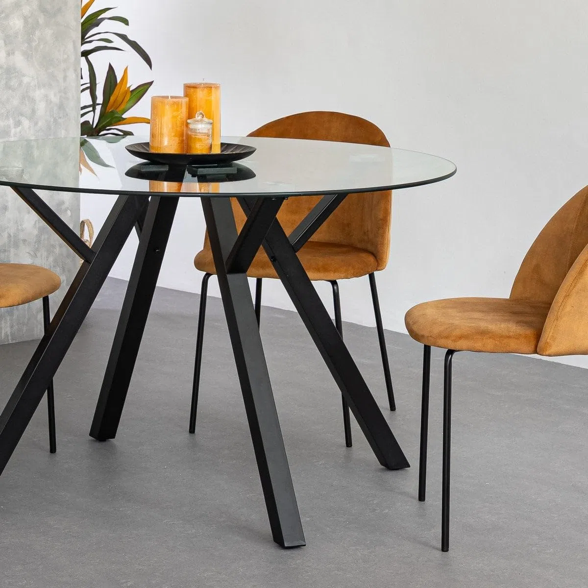 LOLAhome Mesa de Comedor Redonda Elsa para 6 Personas de 120 cm. Estructura Resistente de Metal Negro y Tablero de Cristal Templado. Diseño Ligero y contemporáneo.