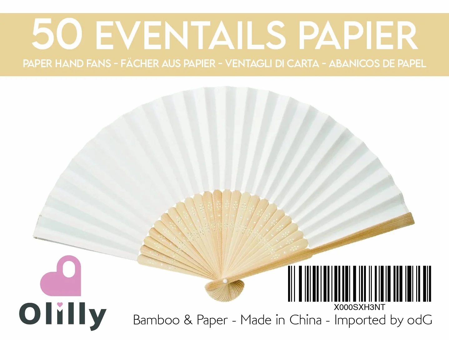 OLILLY - 50 Abanicos Blancos de Papel y Bambú para Invitados - Boda, Fiesta, Evento al Aire Libre... (Blanco, 50 Abanicos)
